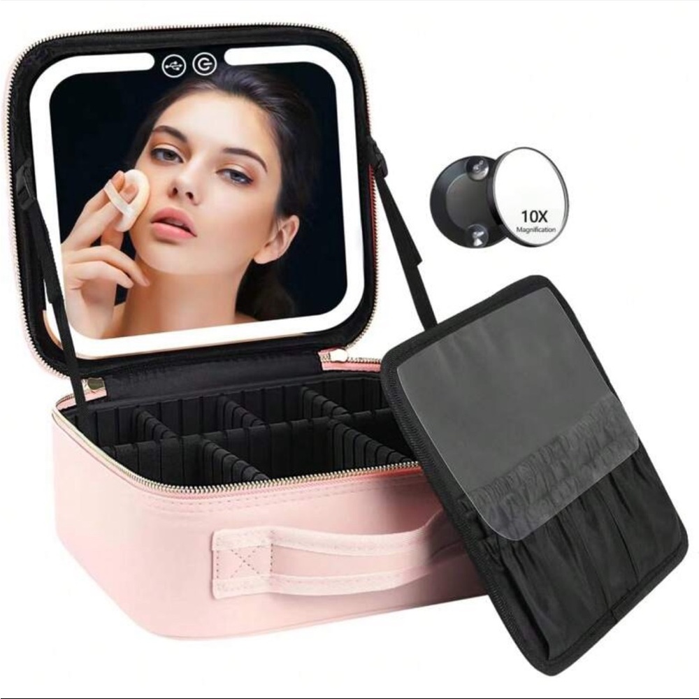 Baby pink makeup bag with LED mirror light